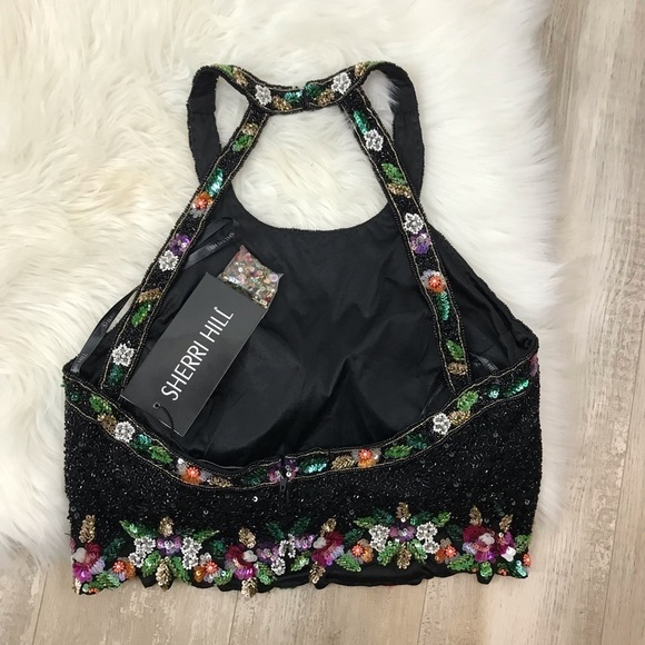 SHERRI HILL Black Two Piece Beaded Halter Top Floral Fringe Skirt Size 12 51476 - Picture 6 of 16